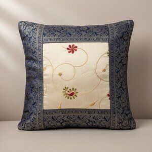 Vintage Blue & Gold Silk Brocade Pillow Cover Floral Embroidery 16”